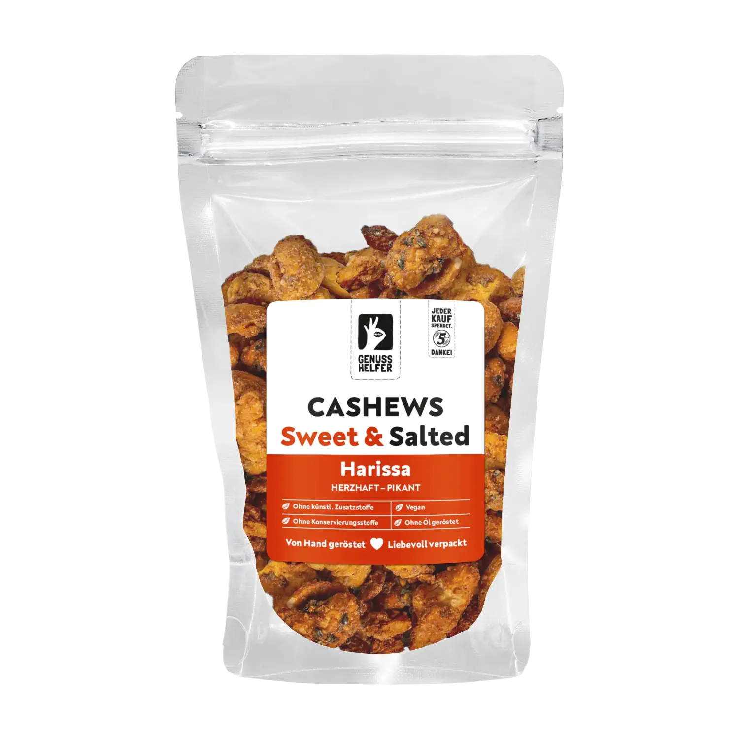 Cashews Harissa süß & salzig Vorderansicht eines Beutels mit Cashewkernen „Harissa süß-salzig“