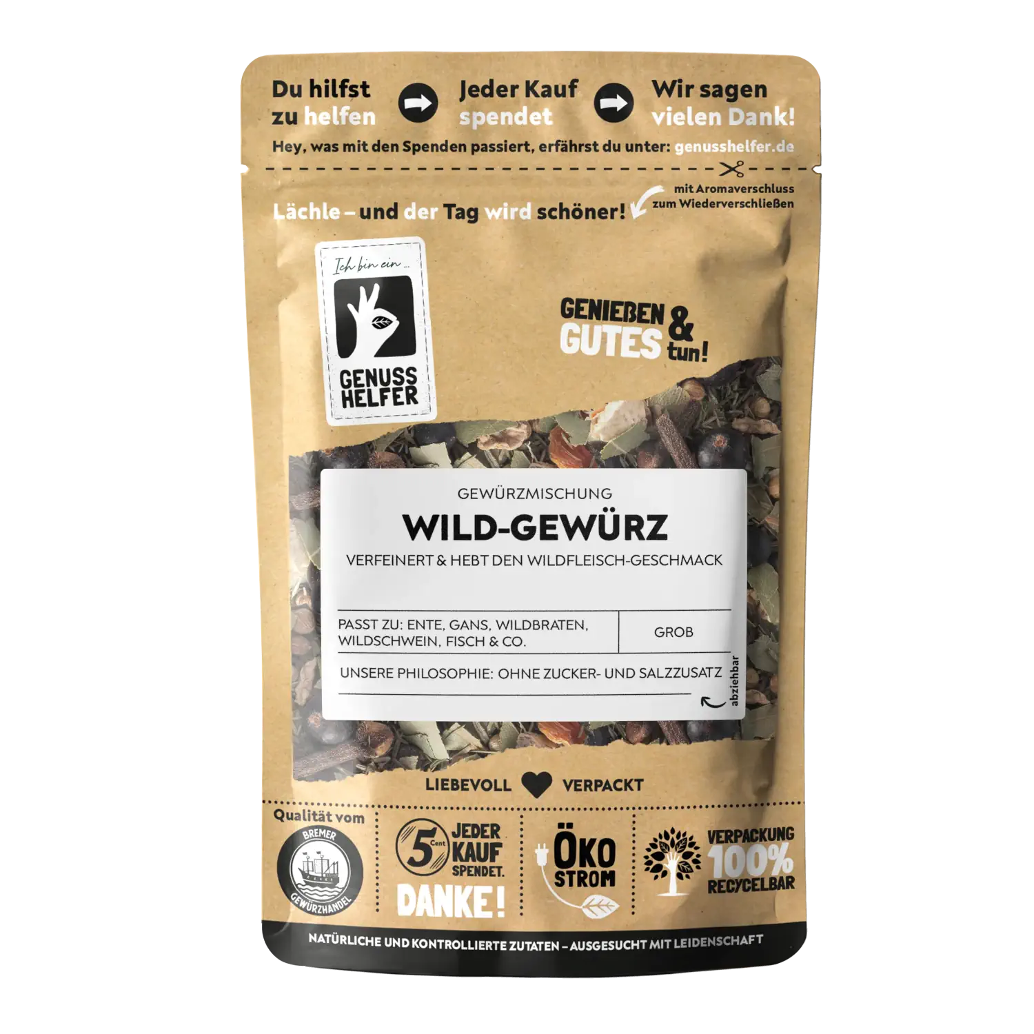Wild-Gewürz, grob Vorderansicht eines Beutels mit Wild-Gewürz