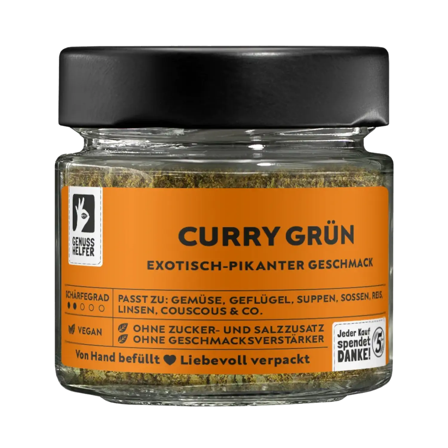 Grünes Curry, gemahlen, im Glas Vorderansicht eines Glases mit grünem Curry