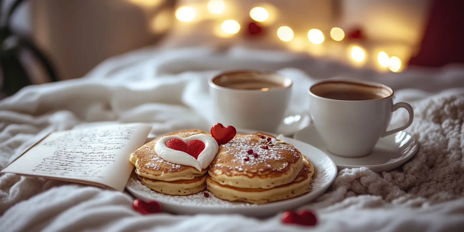 Valentinstagsfrühstück im Bett mit Pancakes in Herzform und Liebesbrief