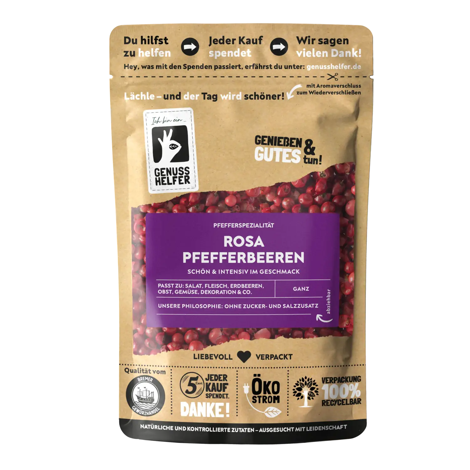 Pfeffer rot / Pfefferbeere rosa, ganz Vorderansicht eines Beutels mit rosa Pfefferbeeren (ganz)