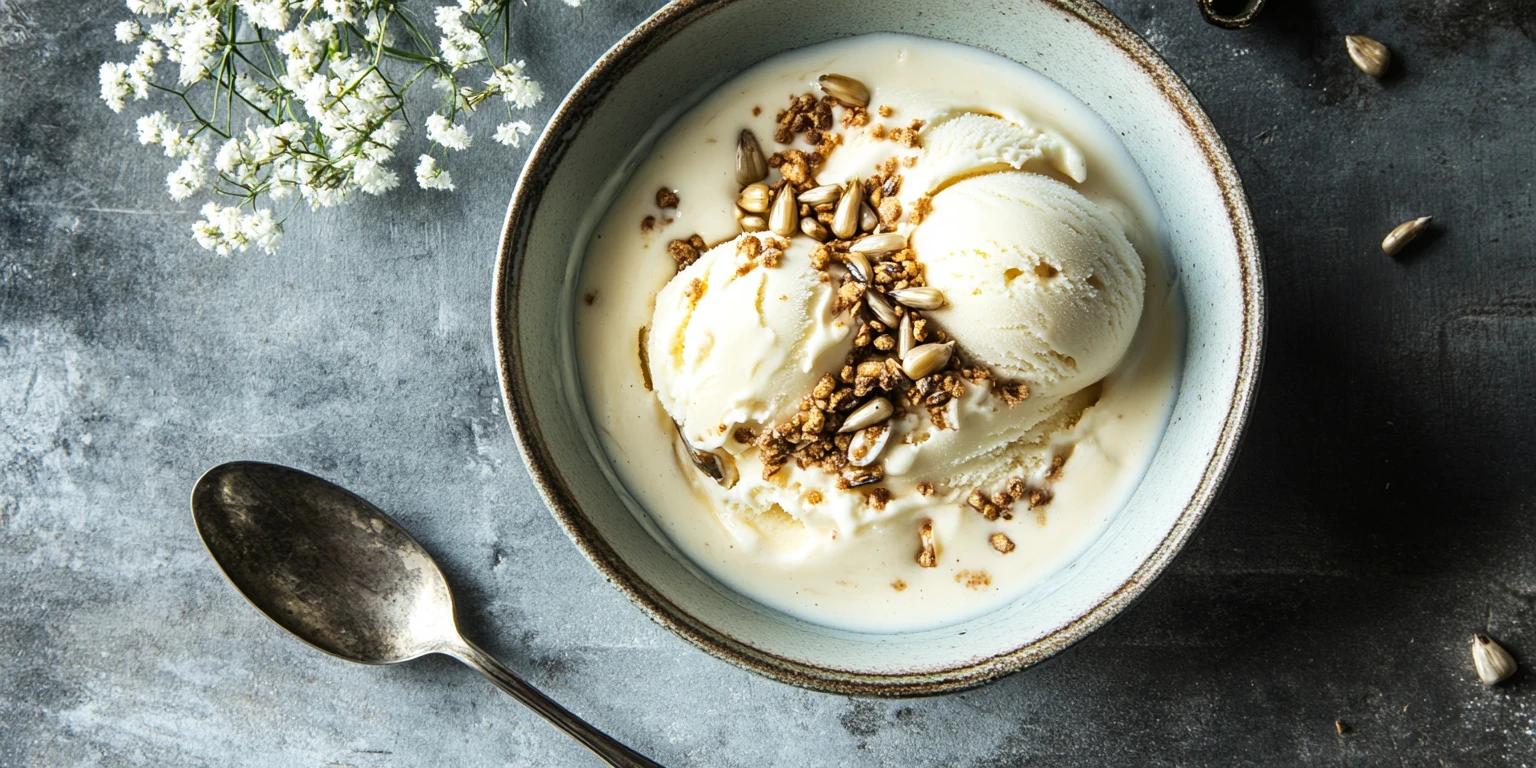 Vanille-Eiscreme mit Sonnenblumenkernen, Honig und Salz serviert