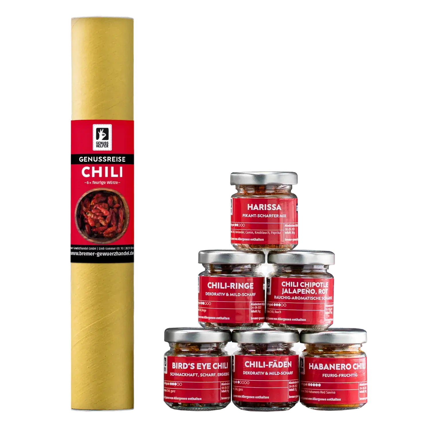 Genussreise Chili, 6 Tlg. Zusammenstellung von Gläsern mit verschiedenen Chili-Gewürzen aus der Genussreise
