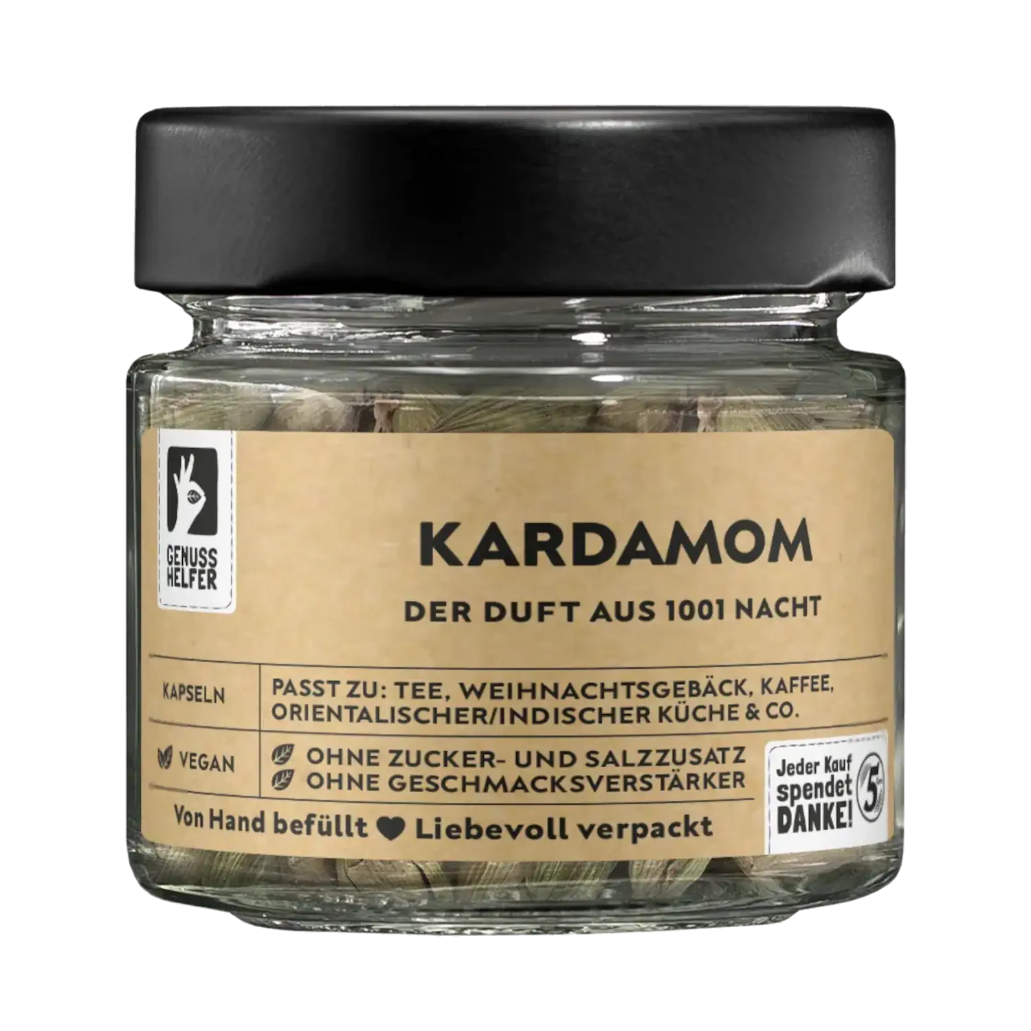 Vorderansicht eines Glases mit ganzen Kardamomkapseln