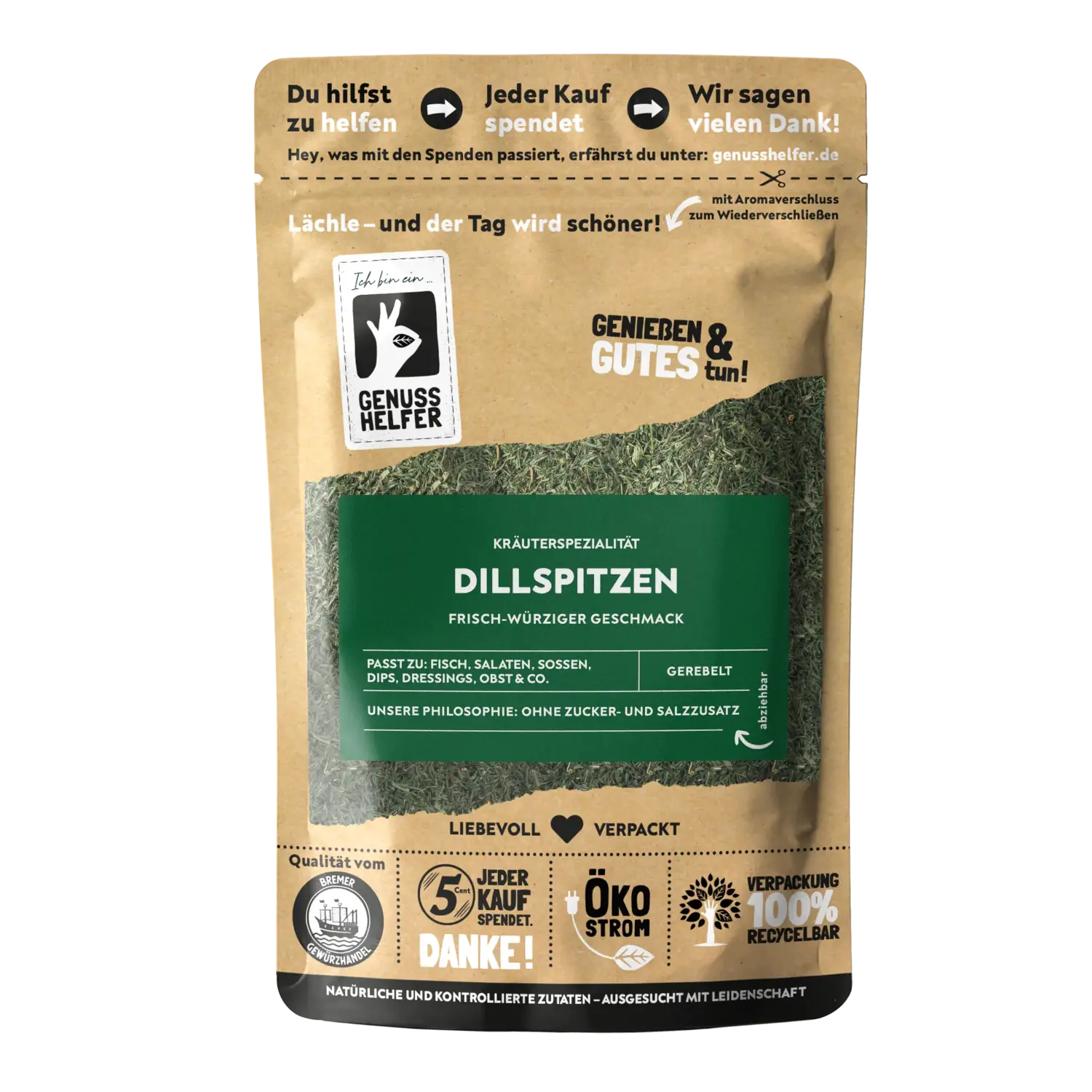 Dillspitzen, gerebelt Vorderansicht eines Beutels mit Dillspitzen