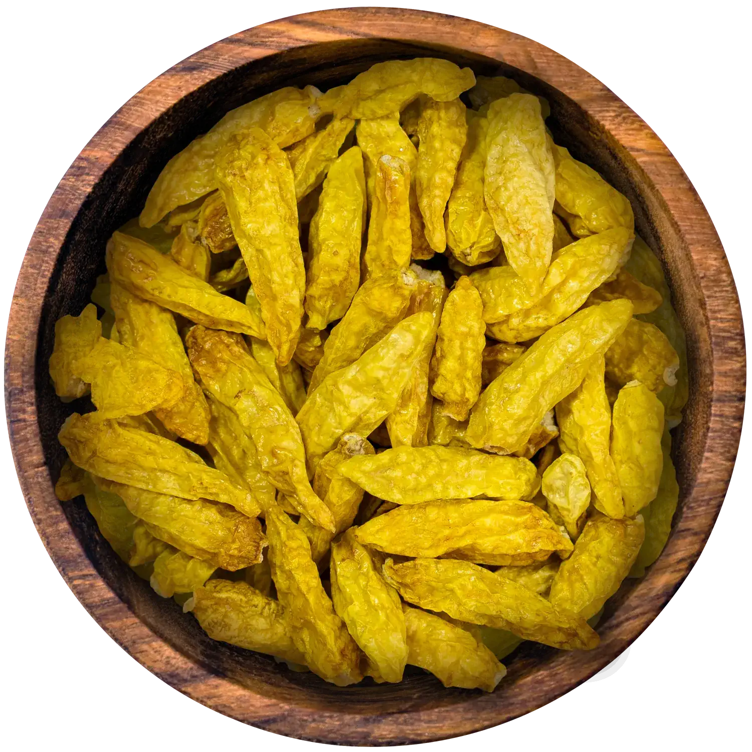 Gelbe Amazonas-Chili, ganz, in einer Holzschale