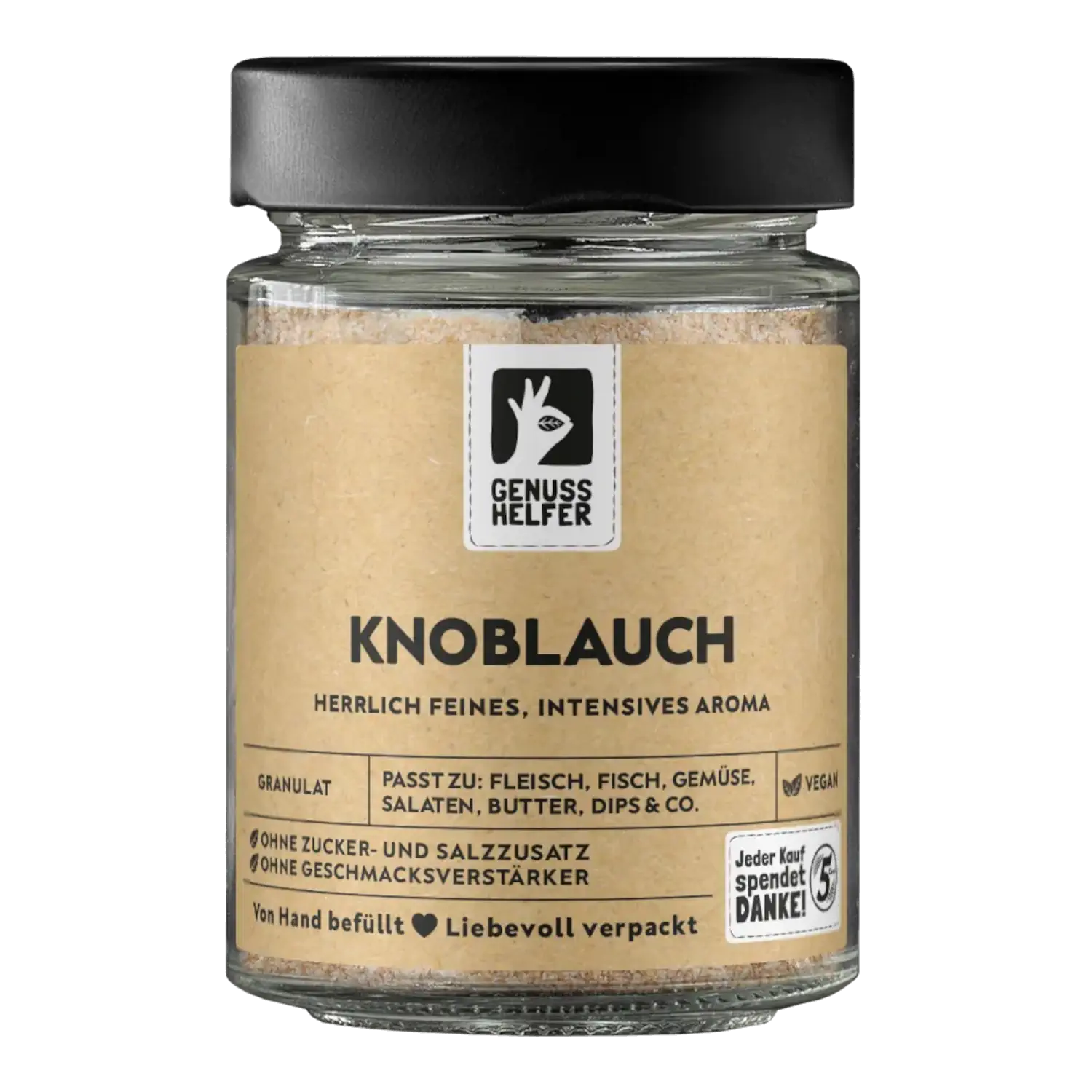 Knoblauchgranulat, im Glas Vorderansicht eines Glases mit Knoblauchgranulat