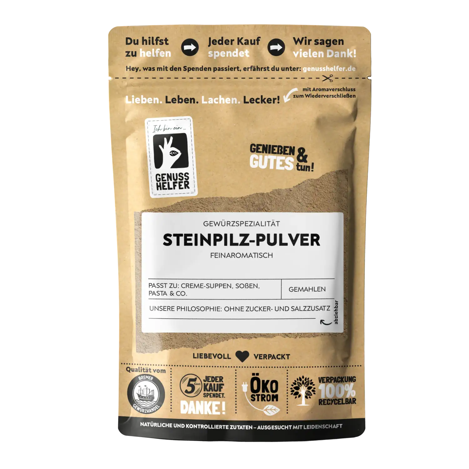 Vorderansicht eines Beutels mit Steinpilz-Pulver