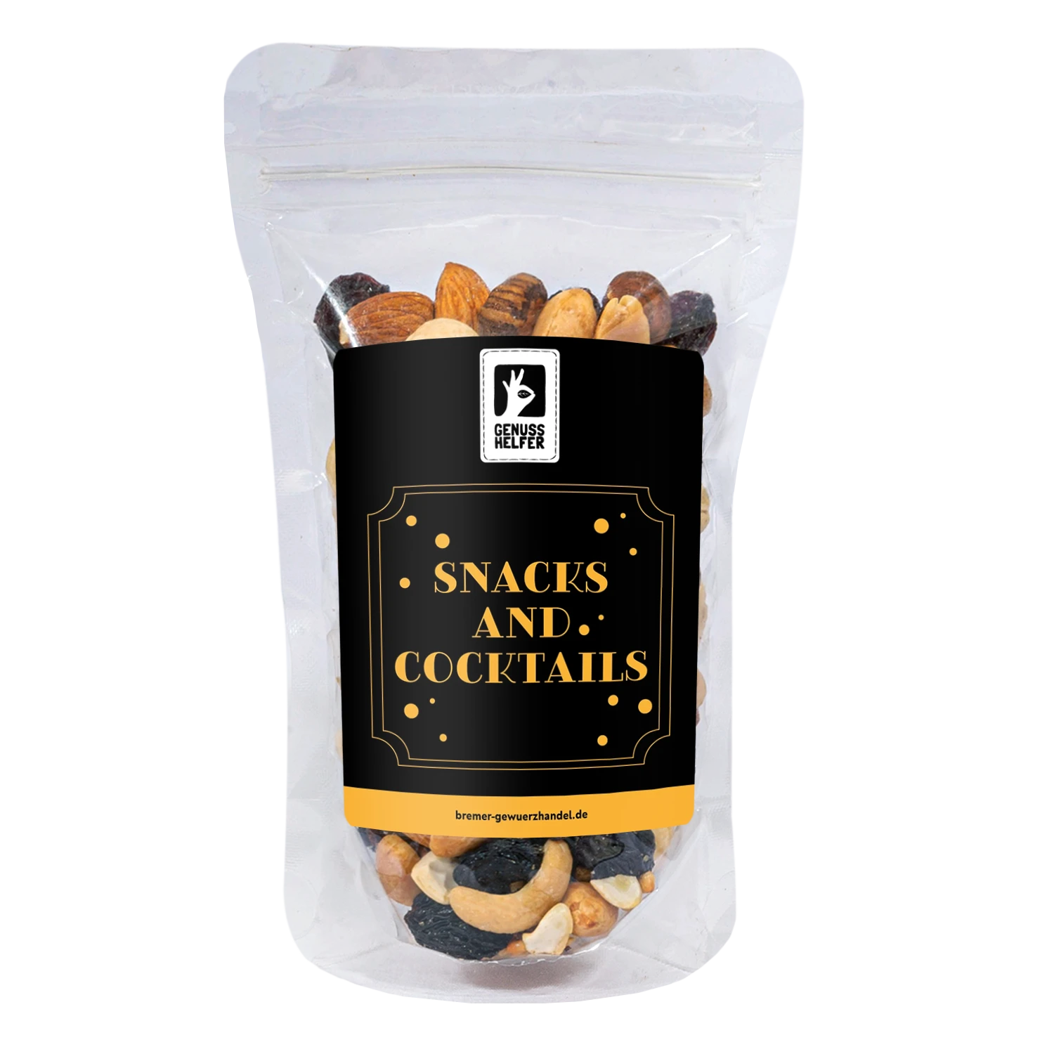 Nuss-Frucht-Mischung „Snacks & Cocktails“ in einem Glas mit individualisierbarem Etikett