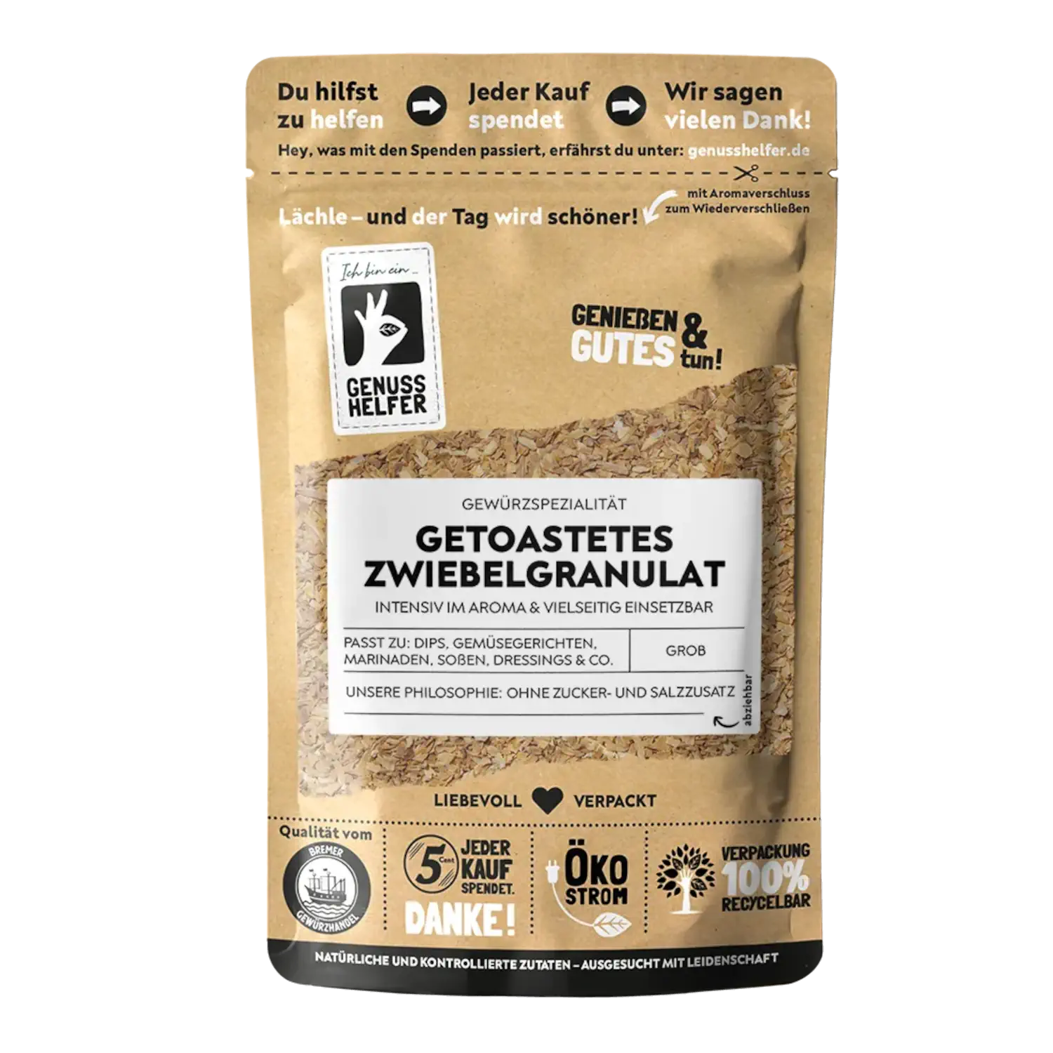 Zwiebelgranulat, getoastet Vorderansicht eines Beutels mit getoastetem Zwiebelgranulat