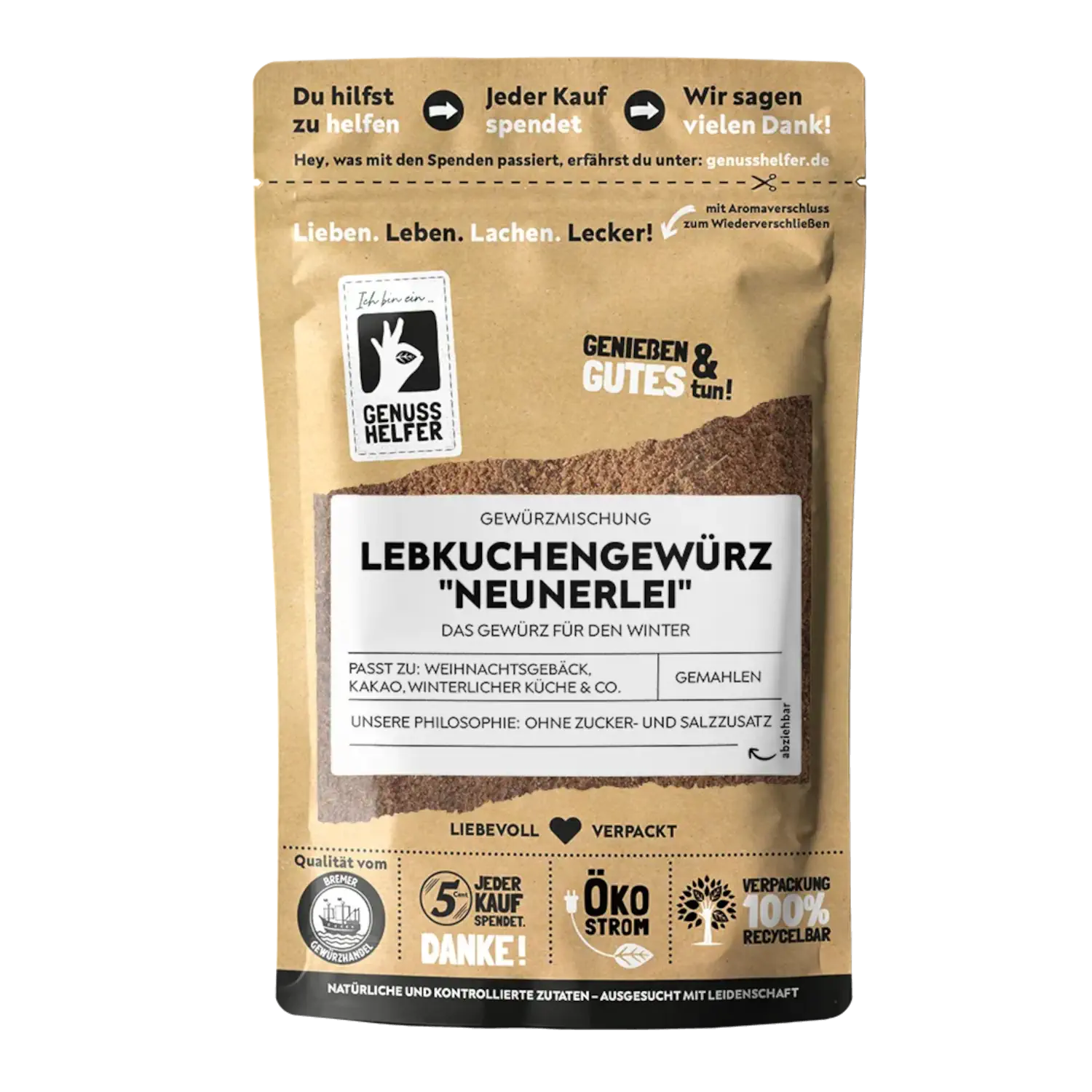 Bremer Lebkuchengewürz Neunerlei, gemahlen Vorderansicht eines Beutels mit „Bremer Lebkuchengewürz Neunerlei“