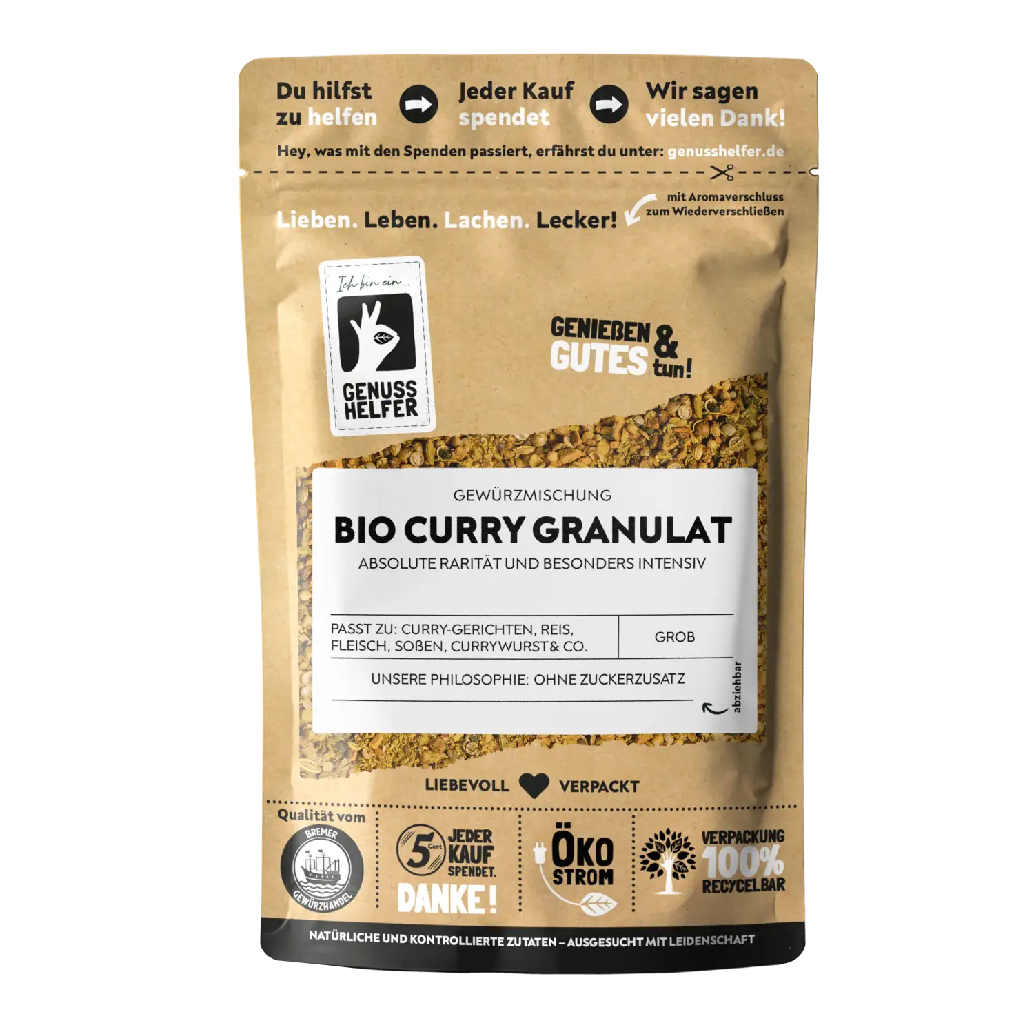 Currygranulat für die Mühle, BIO Vorderansicht eines Beutels mit Bio Currygranulat