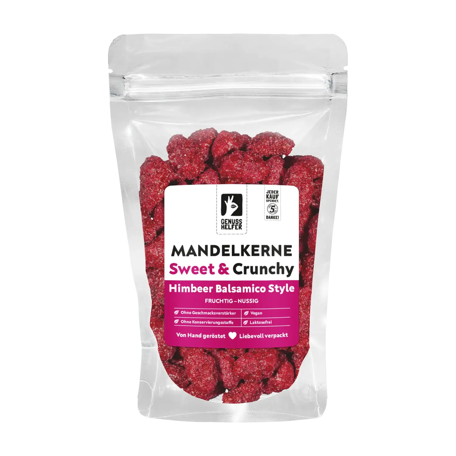 Mandelkerne Himbeer, gebrannt Vorderansicht eines Beutels mit gebrannten Mandelkernen „Sweet Crunchy Himbeer-Balsamico Style“