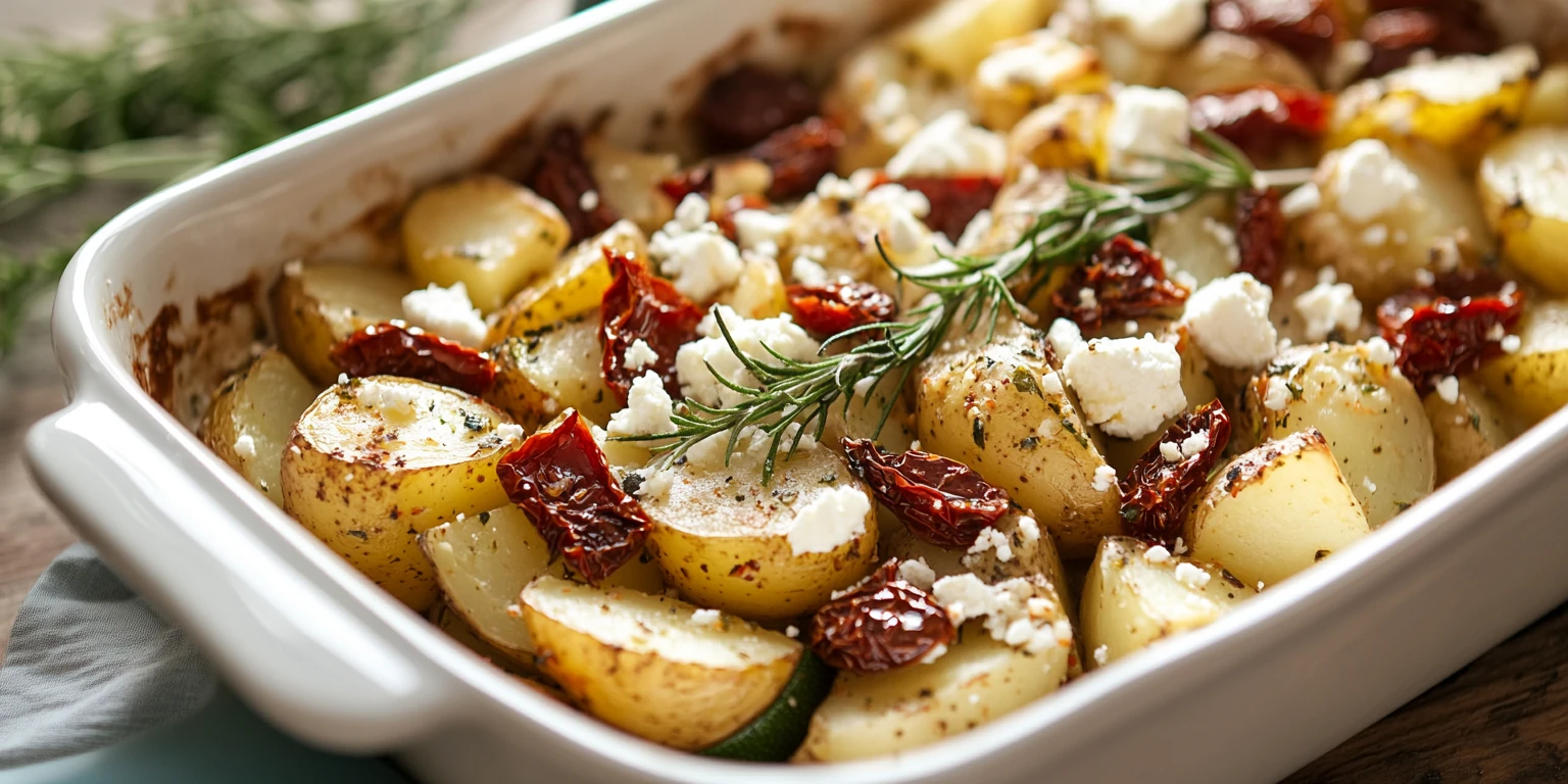 Zucchini-Kartoffel-Auflauf mit getrockneten Tomaten und Feta