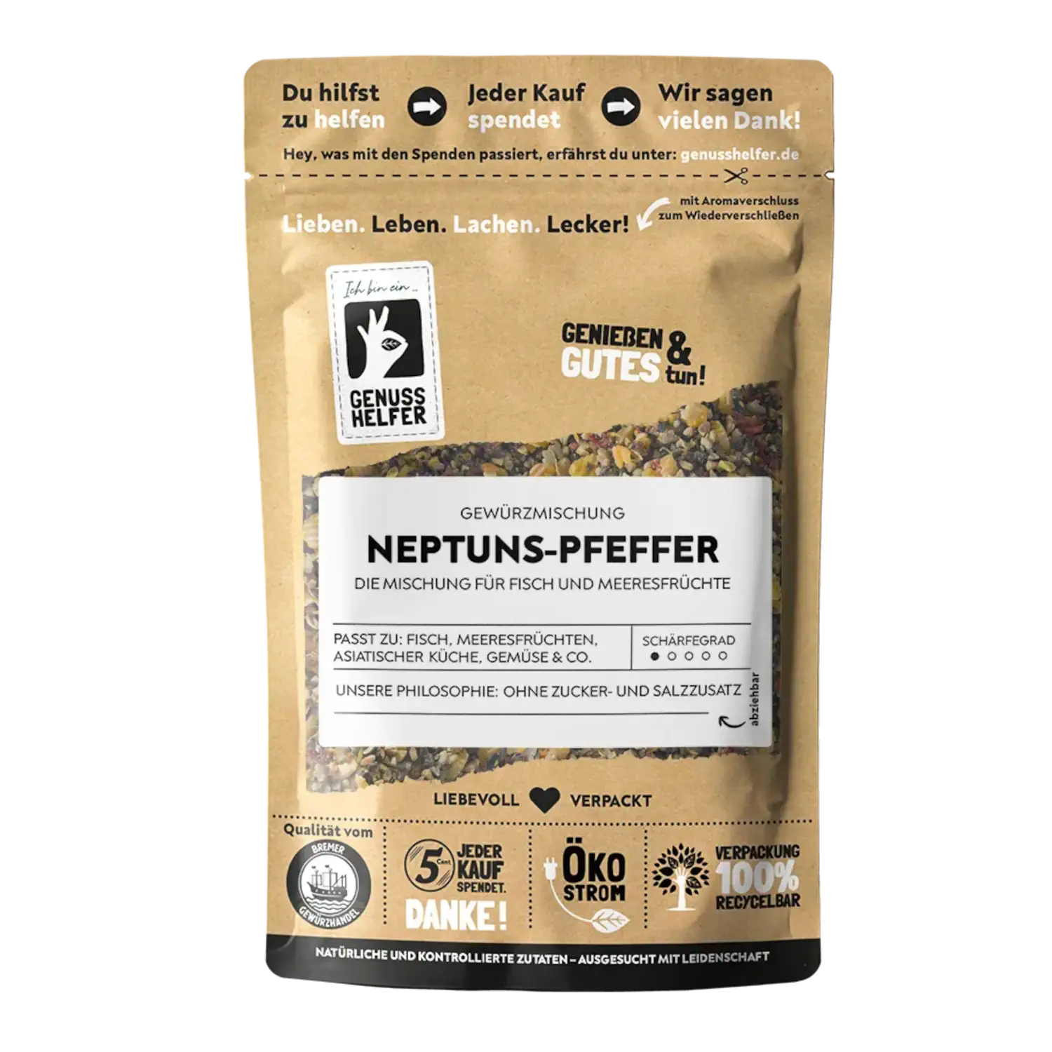 Neptuns-Pfeffer, geschrotet Vorderansicht eines Beutels mit Neptuns Pfeffer