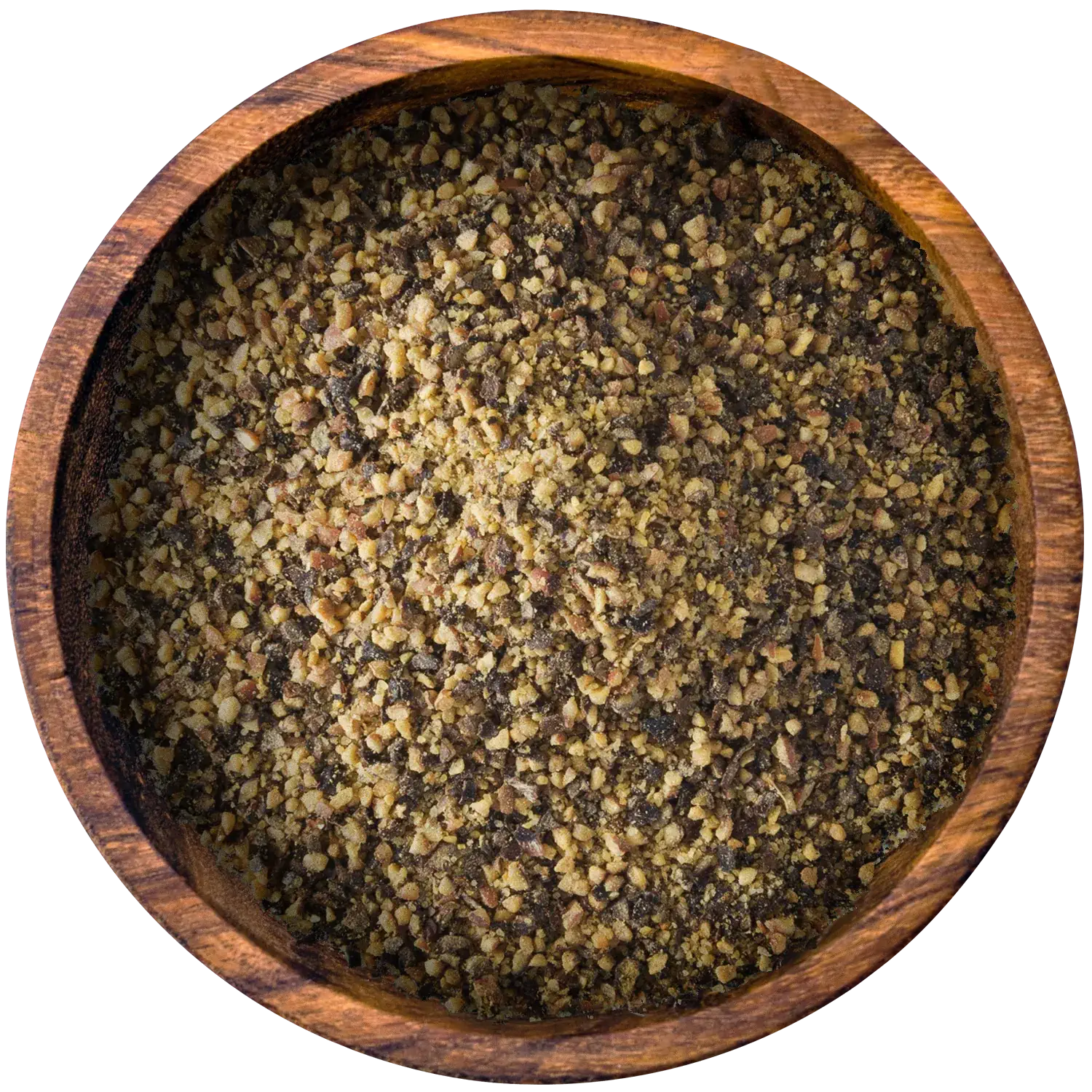Geschroteter Knoblauchpfeffer in einer Holzschale