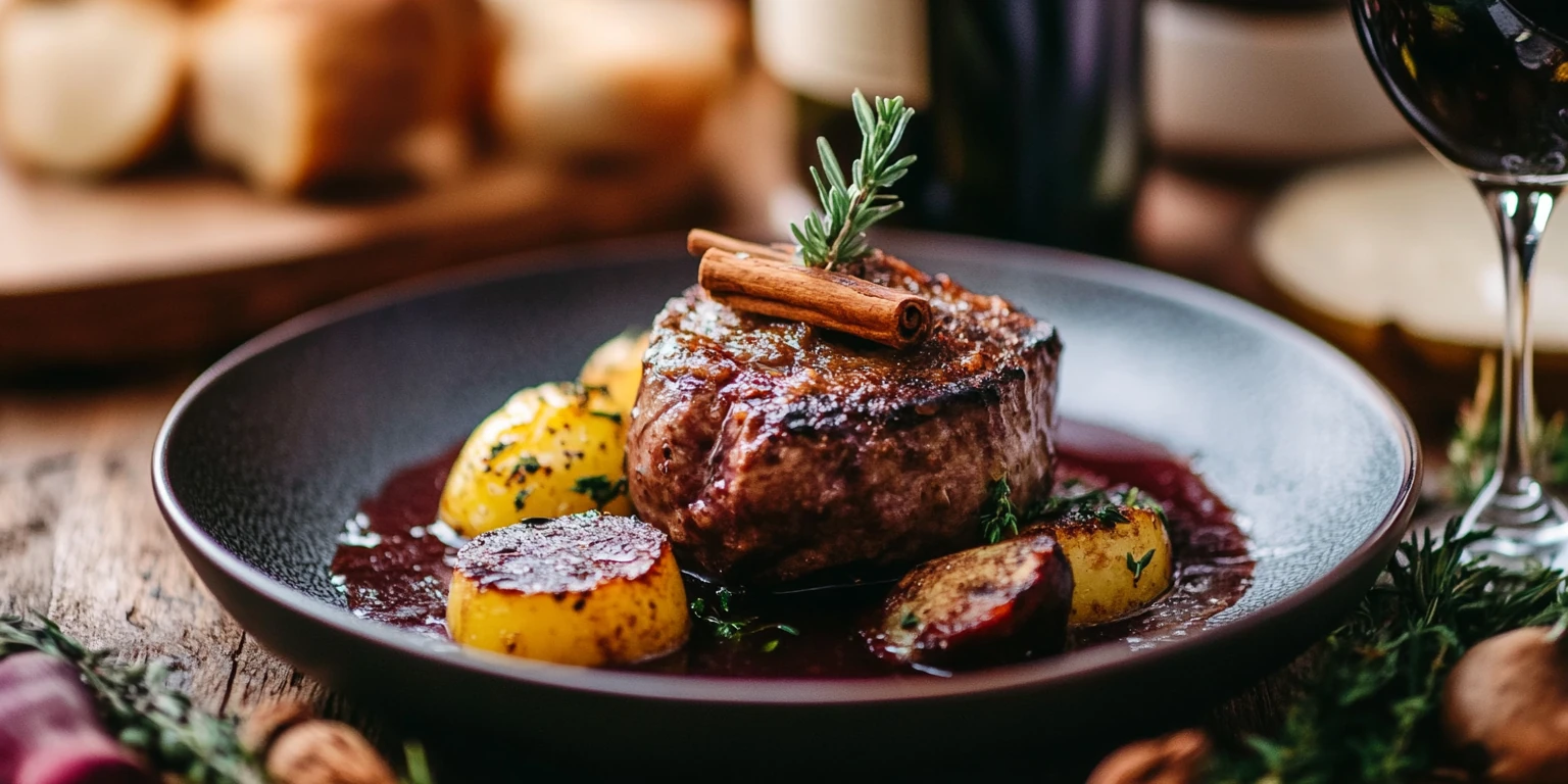 Rotweinsauce mit Ceylon-Zimtstangen verfeinert