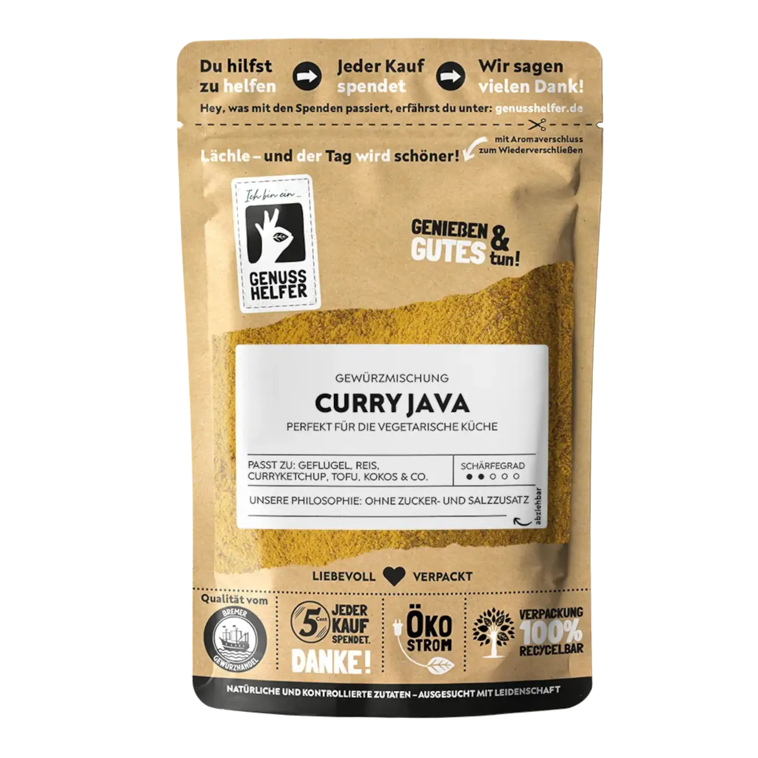 Java Curry, gemahlen Vorderansicht eines Beutels mit gemahlenem Java-Curry