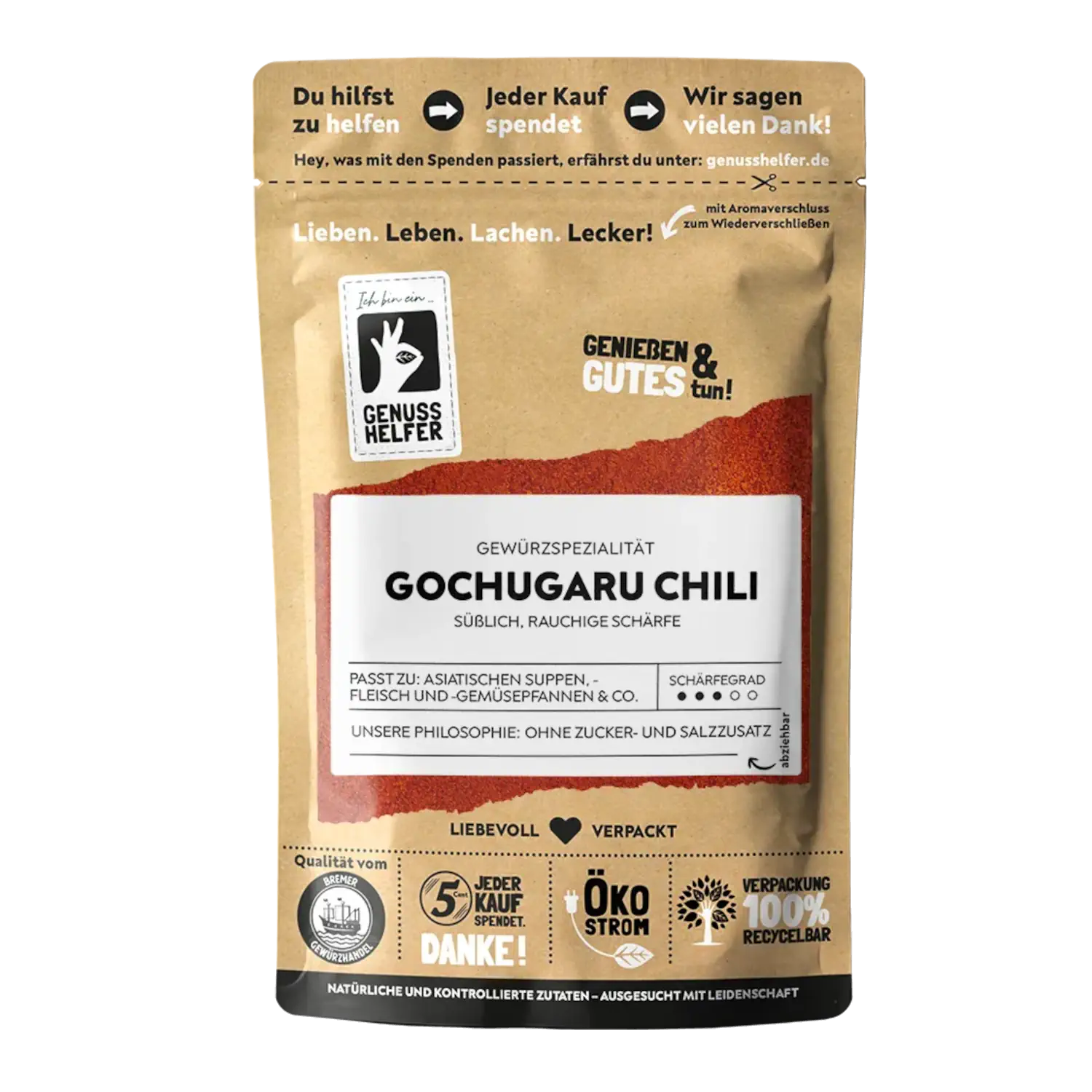 Gochugaru Chili, gemahlen Vorderansicht eines Beutels mit gemahlenem Gochugaru-Chili