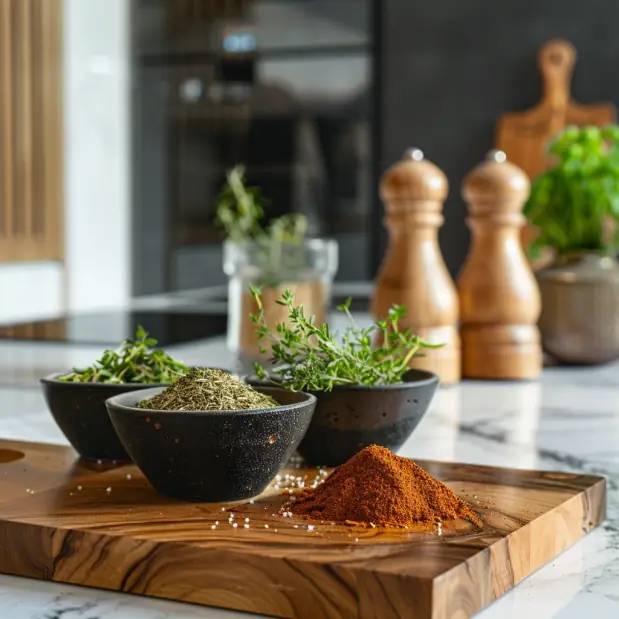 Verschiedene Gewürzmühlen mit gemahlenen Gewürzen nebeneinander