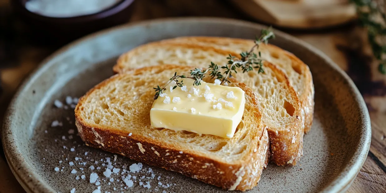 Frisches Brot mit Butter und grobem Salz serviert