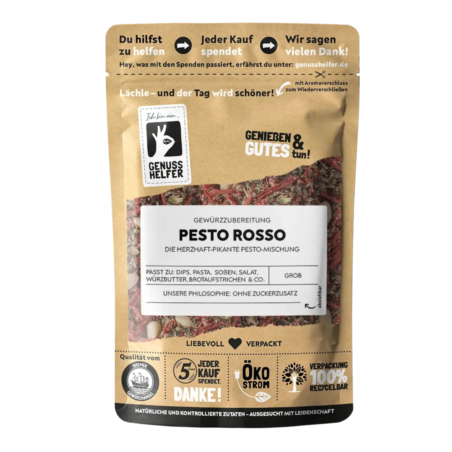 Vorderansicht eines Beutels mit Pesto Rosso Gewürzmischung