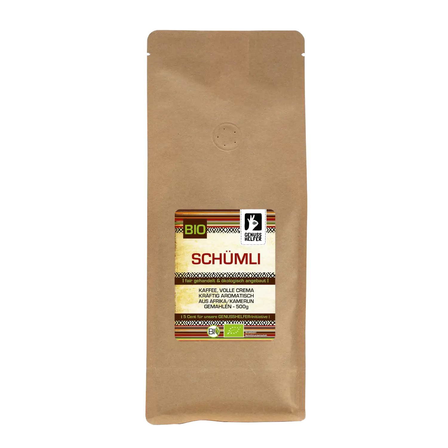 Schümli Kaffee Crema, kräftig, BIO, gemahlen, 500g Detailansicht eines 500-g-Beutels mit gemahlenem Schümli Kaffee