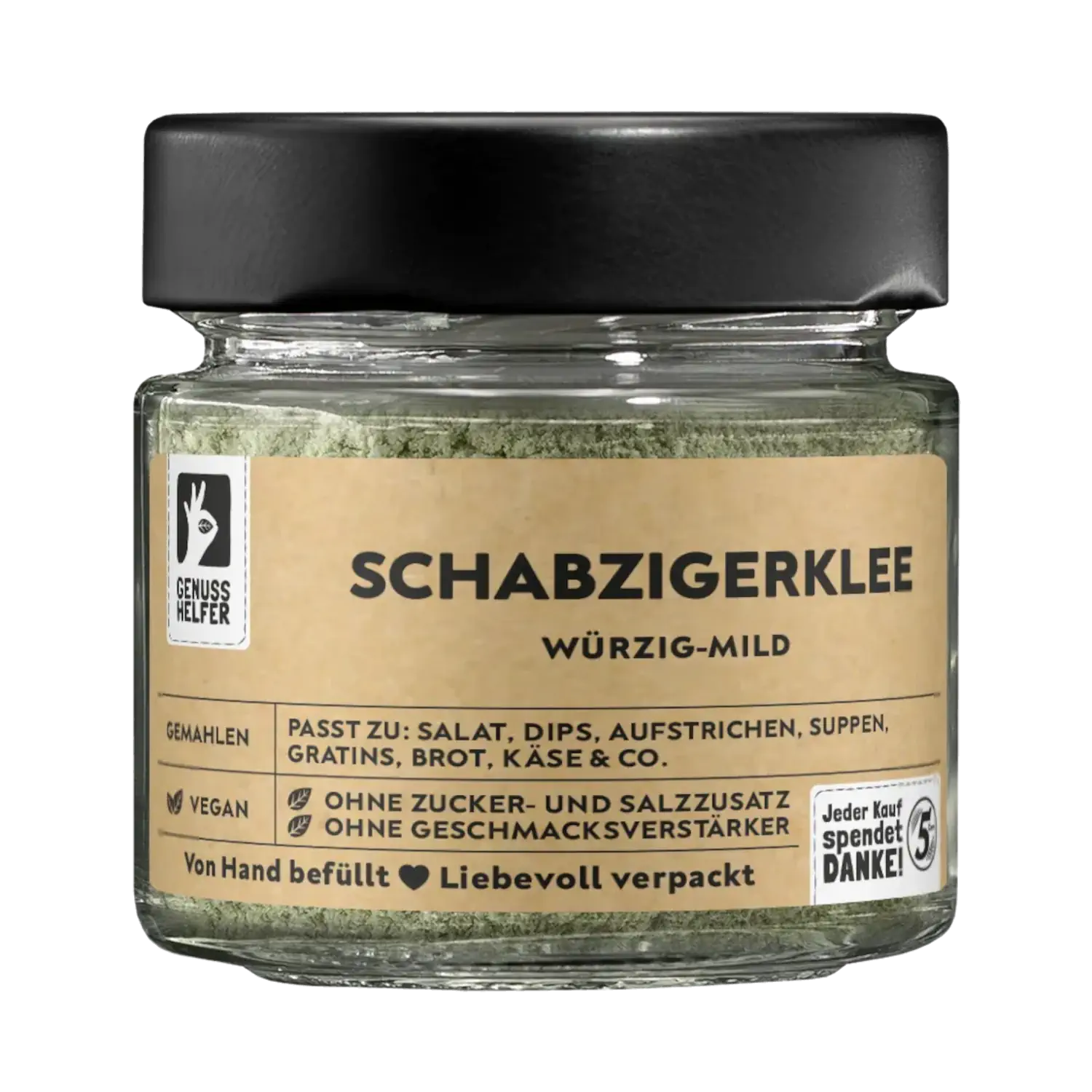 Vorderansicht eines Glases mit gemahlenem Schabzigerklee