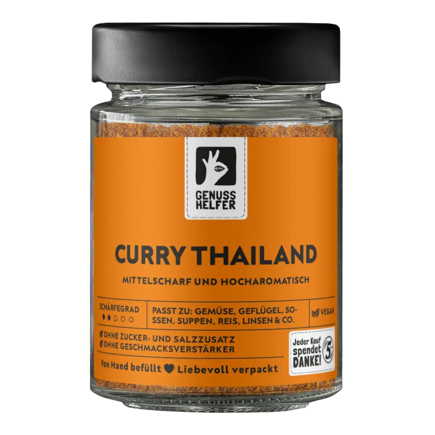 Thai-Curry, gemahlen, im Glas Vorderansicht eines Glases mit gemahlenem Thai-Curry