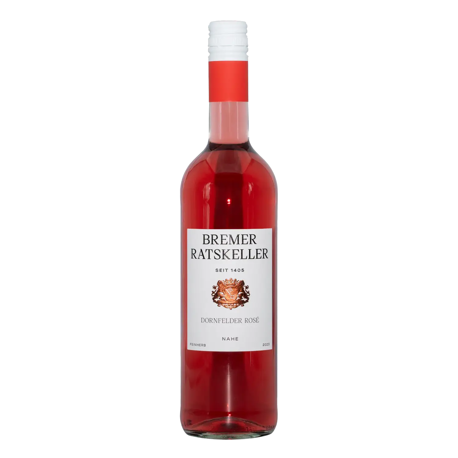 Dornfelder Rosé feinherb, Nahe 2023 Vorderansicht einer Flasche „Dornfelder Rosé feinherb“ vom Bremer Ratskeller