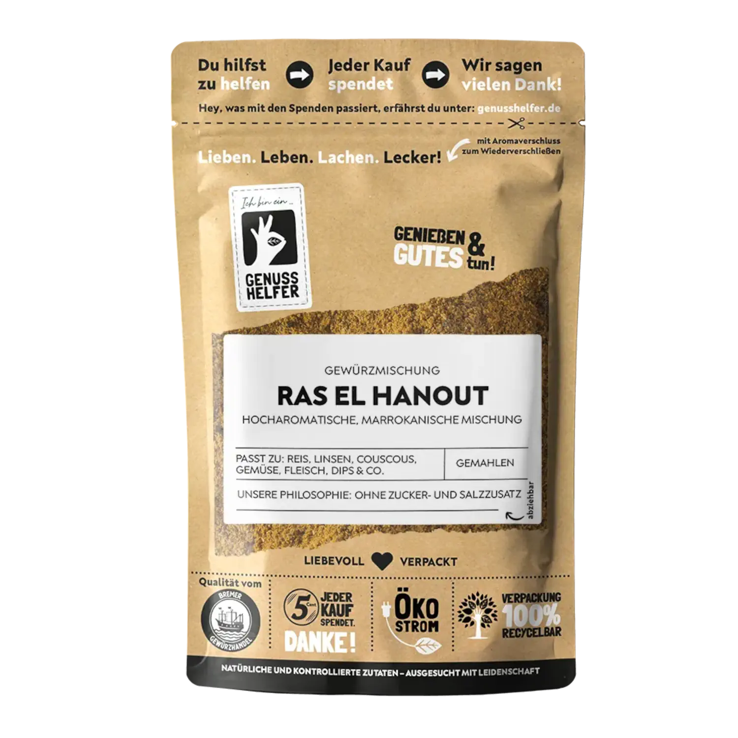 Ras el Hanout, afrikanische Gewürzmischung, gemahlen Vorderansicht eines Beutels mit Ras el Hanout