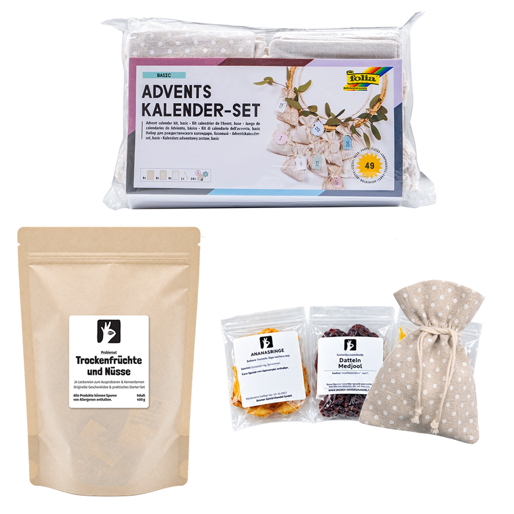 Trockenfrüchte & Snacks Adventskalender-Set mit Beuteln zum Selberbasteln - Stoffbeutel Pastell