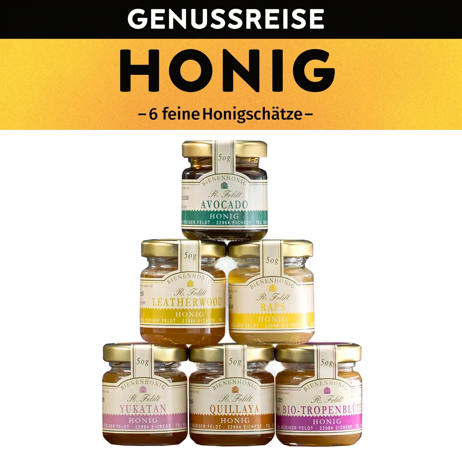 Genussreise Honigschätze, 6 Tlg. Zusammenstellung der Gläser und Kartonrolle der Genussreise Honigschätze