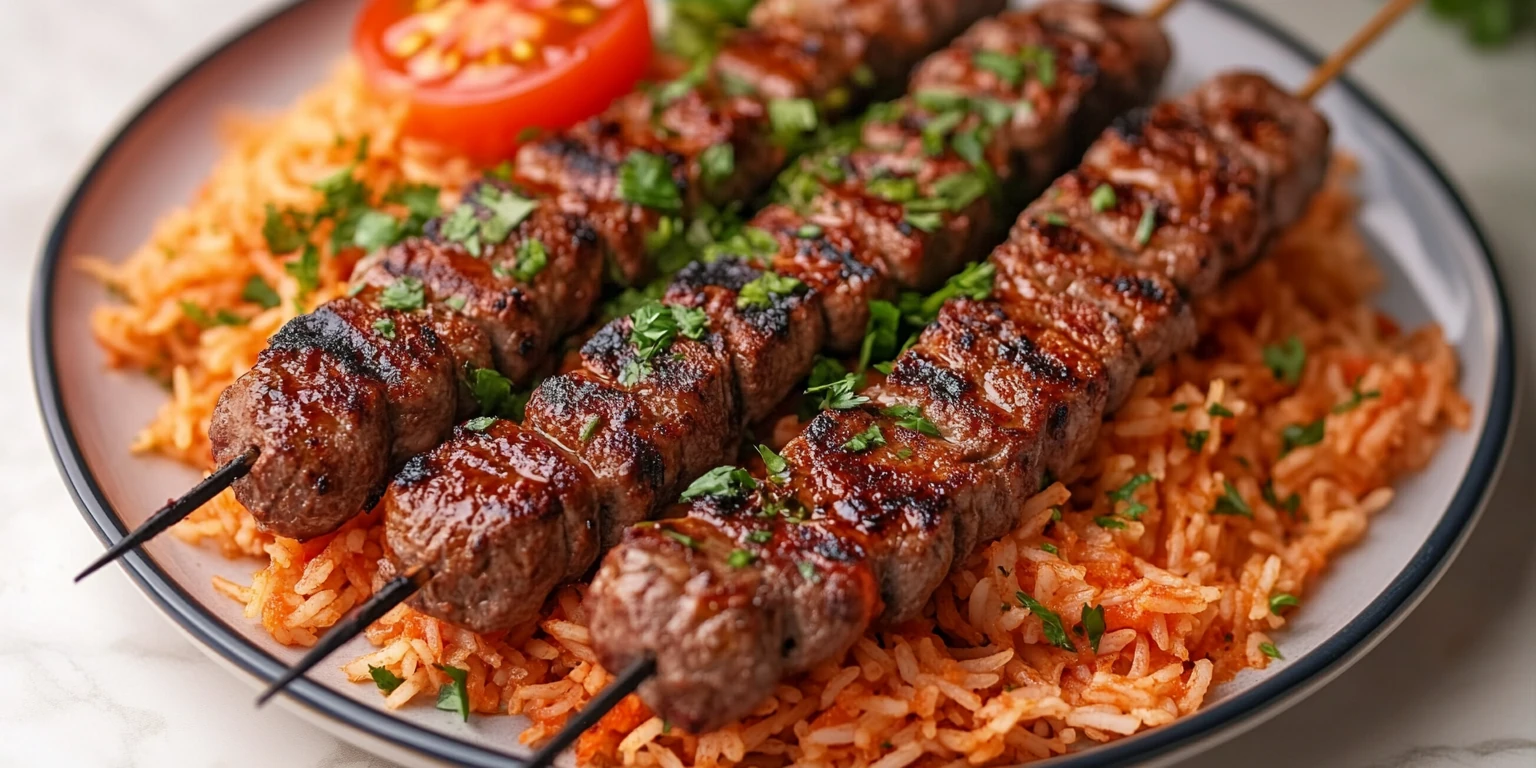 Bifteki-Spieße mit Tomaten und Reis, gewürzt mit Gyros-Gewürz