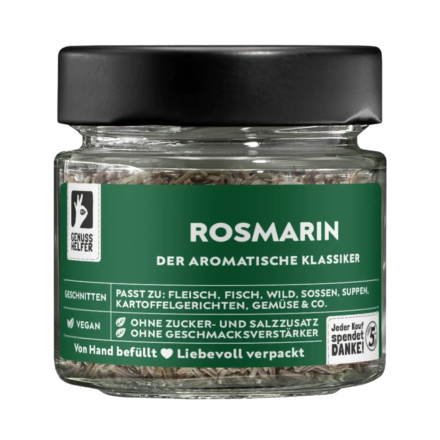 Vorderansicht eines Glases mit geschnittenem Rosmarin