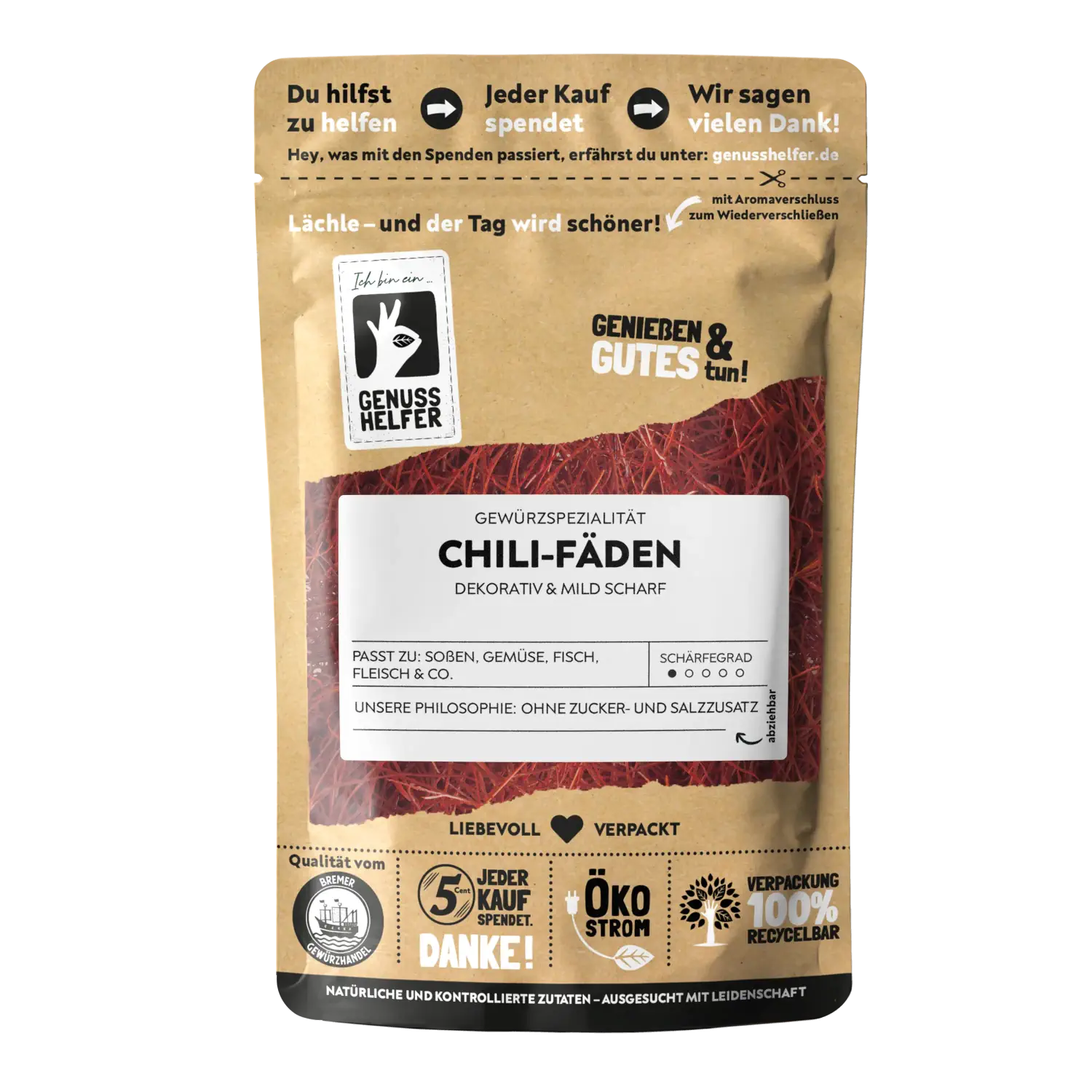 Chili Fäden Vorderansicht eines Beutels mit Chili-Fäden