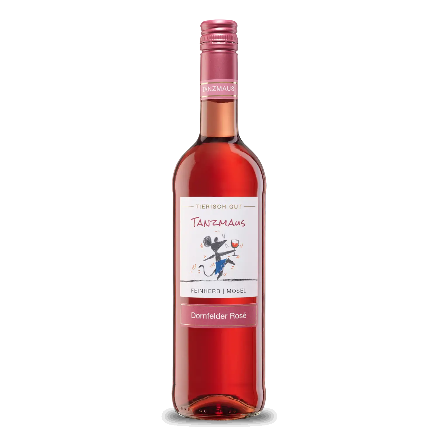 Roséwein Tierisch gut – Tanzmaus Feinherber Dornfelder Rosé-Wein in einer Flasche mit Etikett 'Tanzmaus'