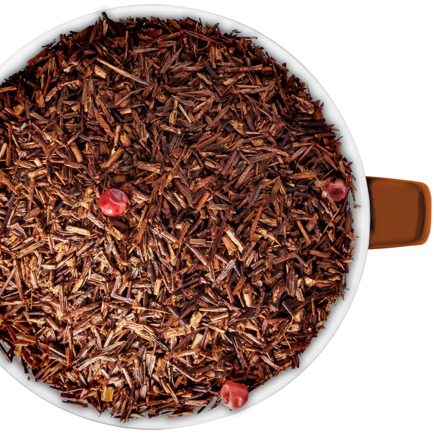 Rooibos Erdbeer und roter Pfeffer Vorderansicht eines Beutels mit Rooibos-Tee Erdbeere und rotem Pfeffer