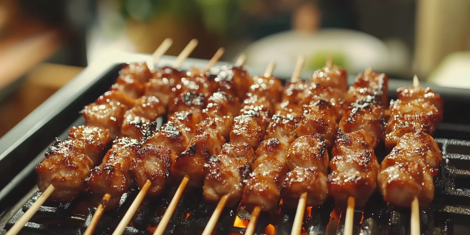 Grillspieße mit Hähnchen und Hähnchengewürz angerichtet