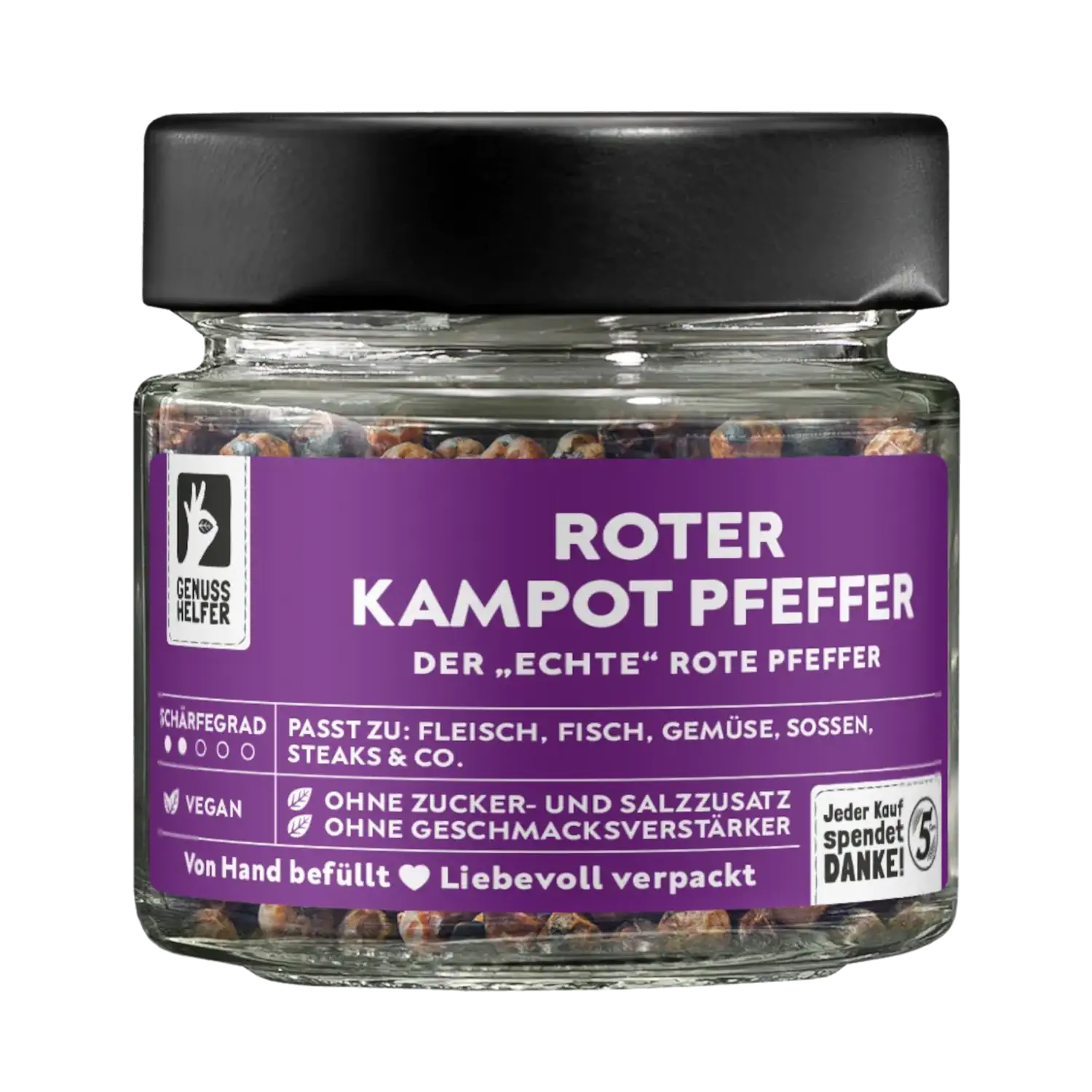 Vorderansicht eines Glases mit rotem Kampot-Pfeffer, ganz