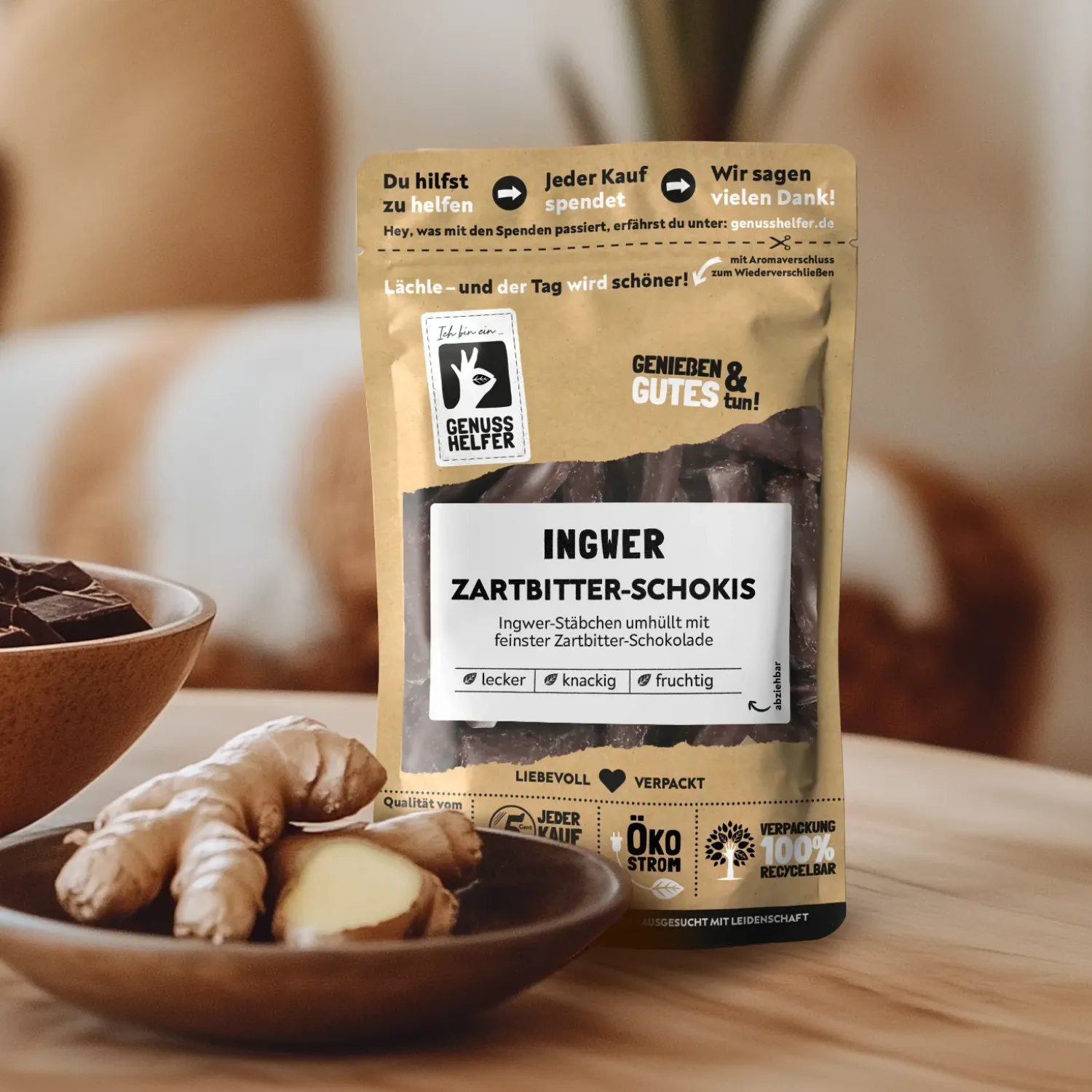 Präsentation der Schokospezialität „Ingwer in Zartbitterschokolade“