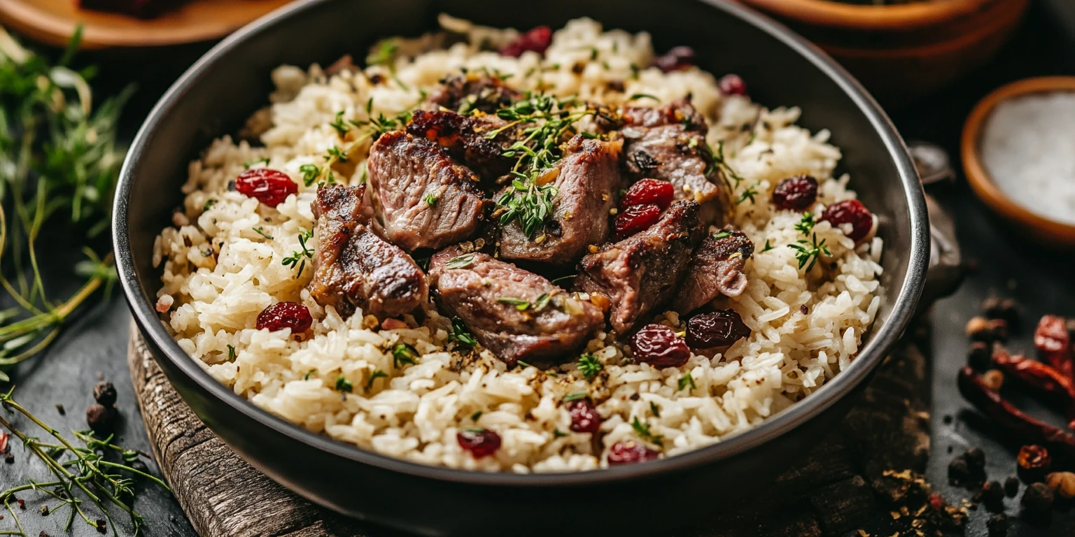 Orientalisches Lammgericht mit Reis und getrockneten Berberitzen