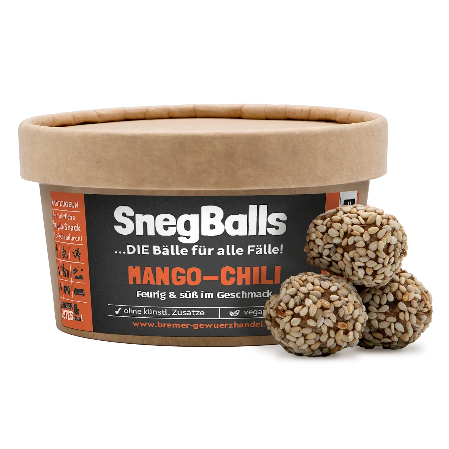 SnegBalls Mango-Chili, Fruchtkugeln Snegballs „Mango-Chili“ in einer Holzschale