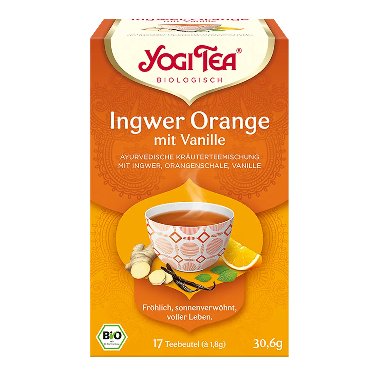 Yogi Tea „Ingwer Orange mit Vanille“ in einer Pappschachtel mit Teebeuteln