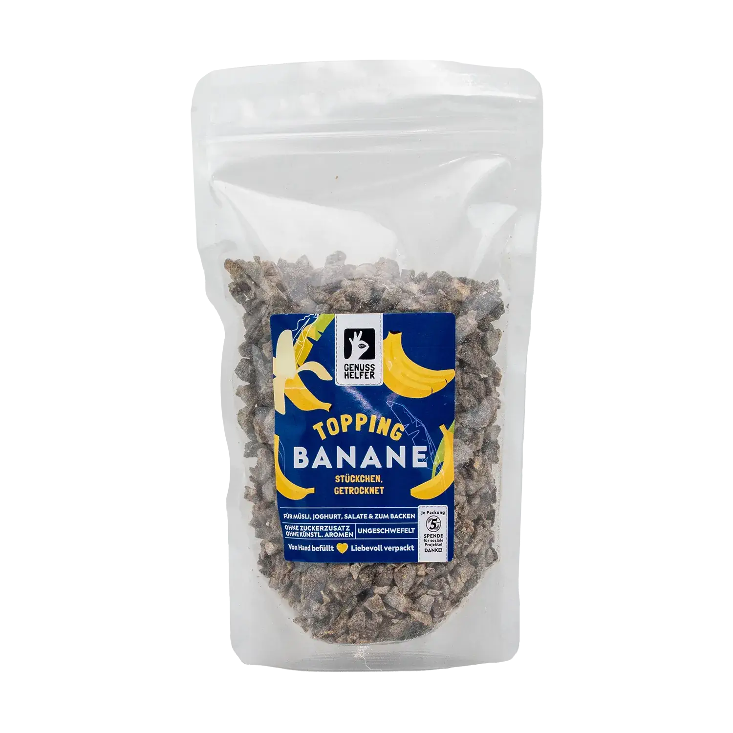 Bananenstückchen, getrocknet Vorderansicht eines Beutels mit getrockneten Bananenstückchen
