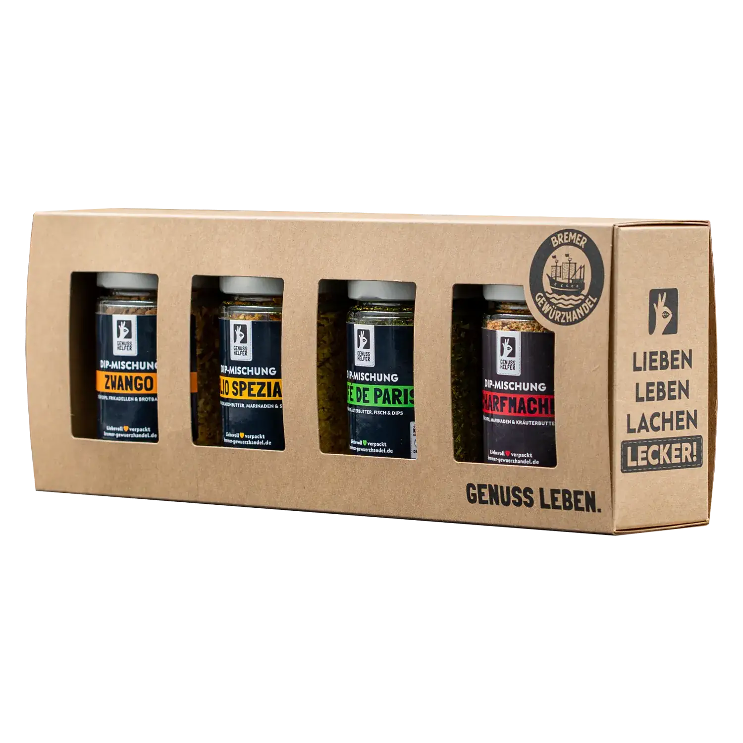 Dip-Set, 4 tlg., natur 4er-Dip-Set in Schiebeschachtel mit Café de Paris, Scharfmacher, Aglio Speciale & Zwango
