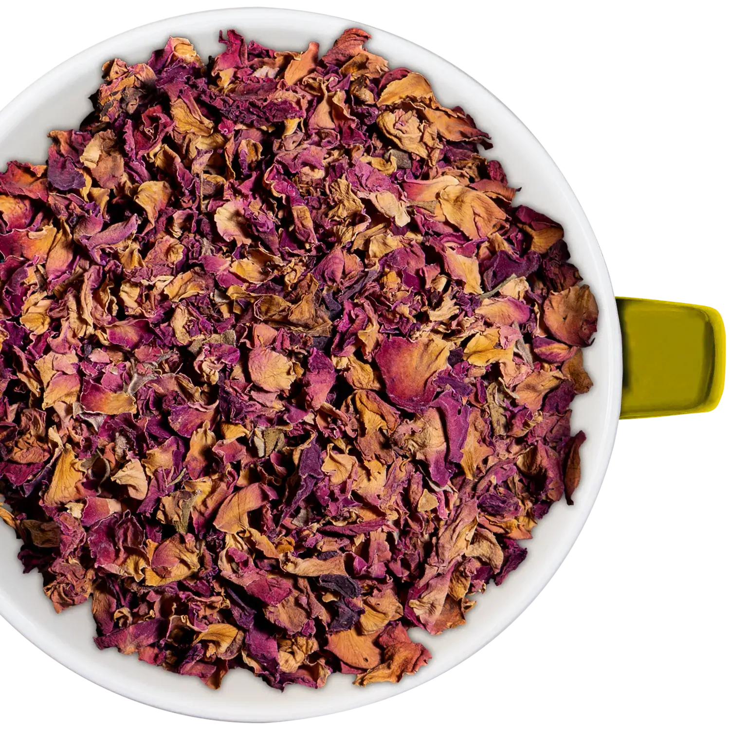 Rosenblüten, grob geschnitten Vorderansicht eines Beutels mit grob geschnittenen Rosenblüten