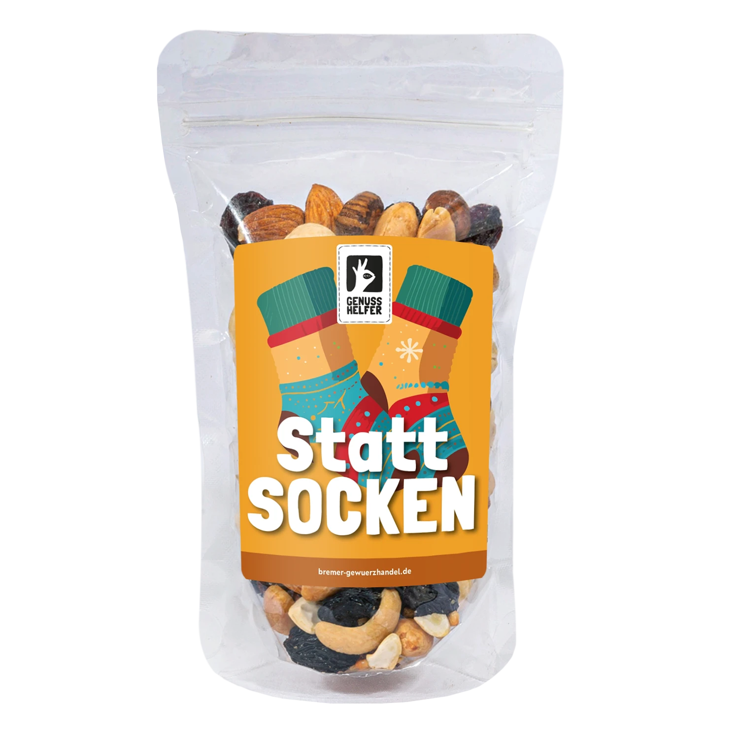 Nuss-Frucht-Mischung „Statt Socken“ in einem Glas mit individualisierbarem Etikett