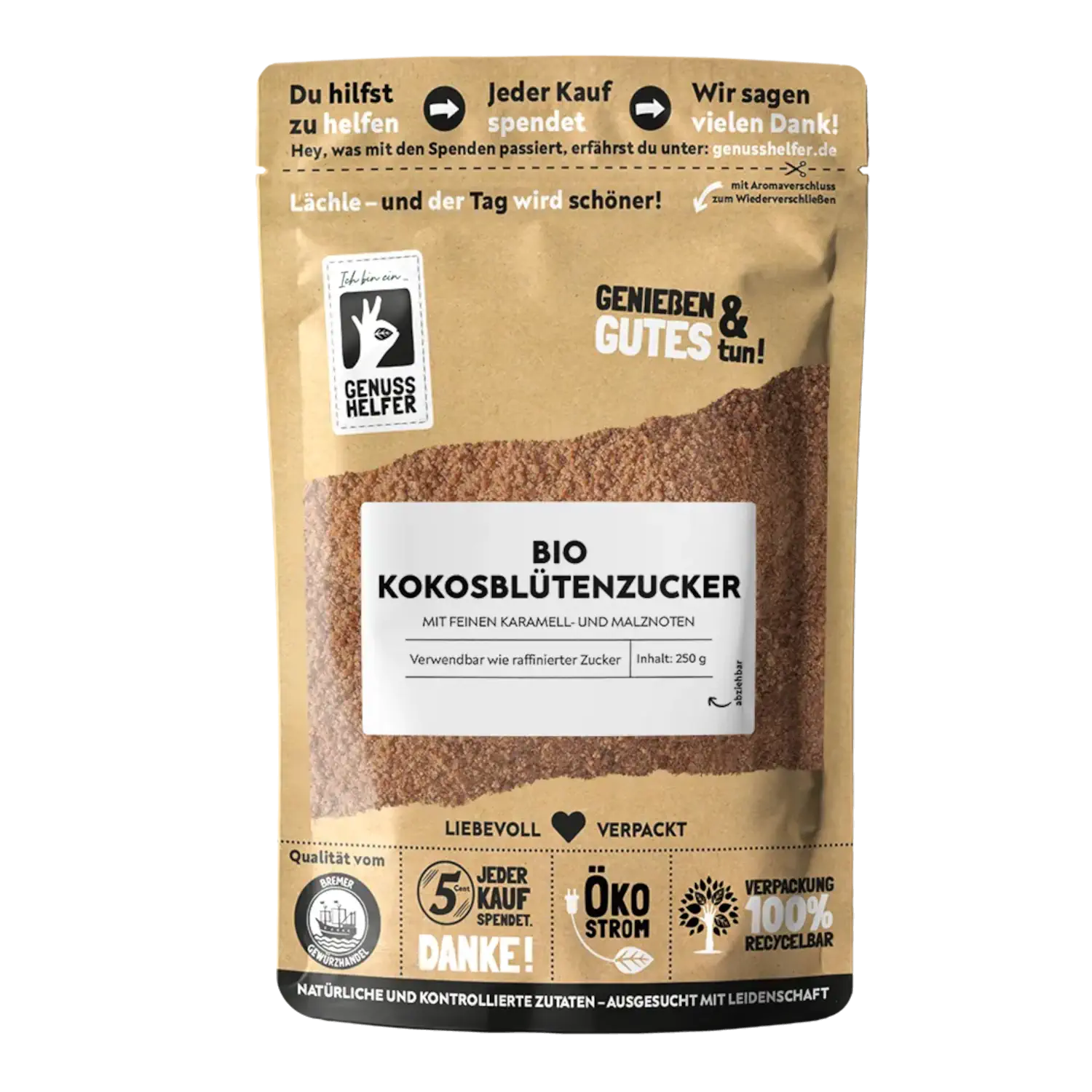 Kokosblütenzucker, BIO Vorderansicht eines Beutels mit Bio-Kokosblütenzucker