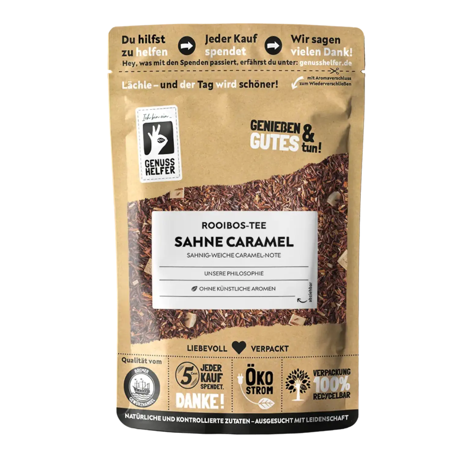Rooibos Sahne Caramel Vorderansicht eines Beutels mit Rooibos-Tee Sahne-Karamell